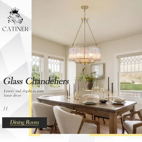 Miniatura 2 de CATINER Candelabro de cristal de 20 pulgadas, moderno, 6 luces, lámparas de tambor dorado, iluminación colgante de techo de lujo para entrada