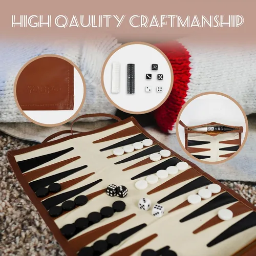 Miniatura 5 de YOBRO Juegos de backgammon de viaje para adultos, clásico juego de mesa de backgammon enrollable de piel sintética, portátil, ligero