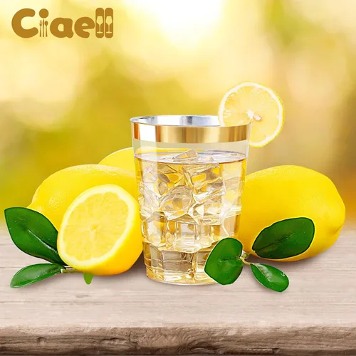 Miniatura 6 de Ciaell 120 vasos de plástico dorados, vasos de plástico transparente resistentes de 10 onzas con borde dorado, vasos desechables con borde dorado