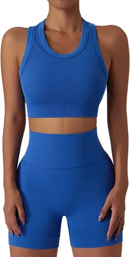Miniatura 52 de Conjuntos de entrenamiento para mujer, 2 piezas, sin costuras, acanalada, sin mangas, brasier deportivo, cintura alta, pantalones cortos