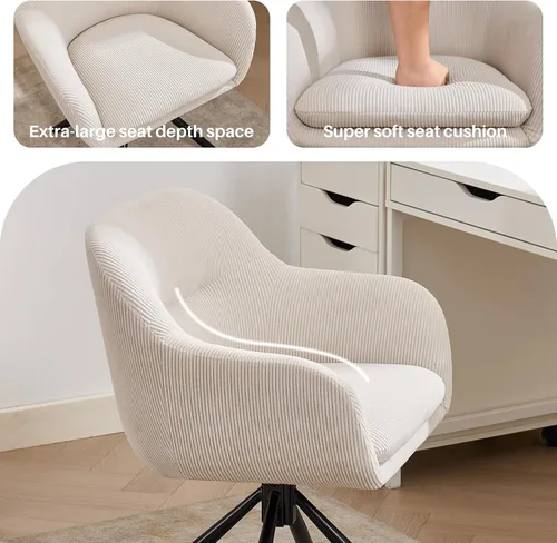 Miniatura 5 de Silla moderna de escritorio de oficina, silla giratoria de acento sin ruedas, silla tapizada de tela, silla giratoria ergonómica con brazo de Beige