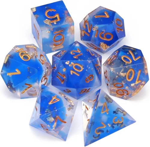 Miniatura 17 de Haxtec Juego de dados brillantes de borde afilado, dados DND de resina hechos a mano con inclusión de Mylar iridiscente, mezcla de color morado Azul