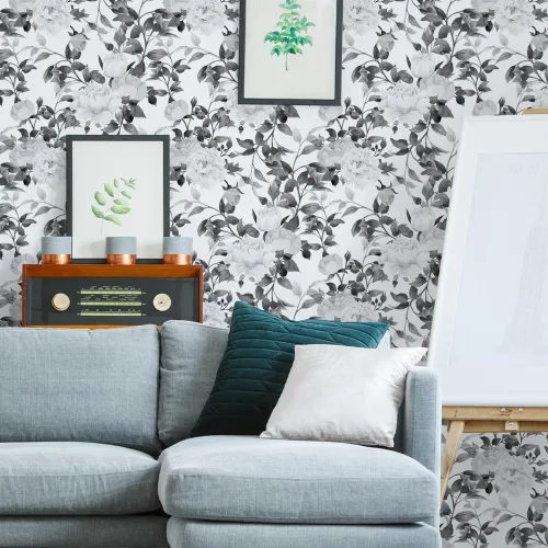 Miniatura 8 de Papel pintado floral de despegar y pegar, papel pintado en blanco y negro autoadhesivo, papel de contacto removible de vinilo con flores