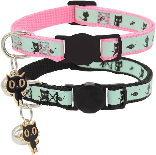 Paquete de 2 collares para gatos que brillan en la oscuridad con campana, collares de seguridad para cachorros con colgante, negro y rosa