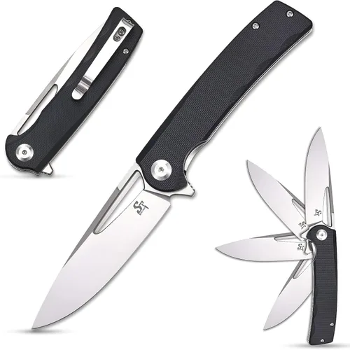 Sitivien Cuchillo plegable ST126, hoja de satén D2+asas G10, bloqueo de forro, clip de bolsillo de transporte profundo para exteriores y EDC (negro)