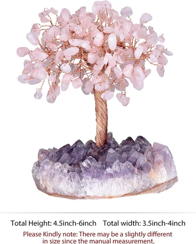 Miniatura 3 de rockcloud Árbol de dinero con piedra de cristal de cuarzo rosa natural con base de racimo de cristal de cuarzo amatista, árbol bonsái, Feng Shui