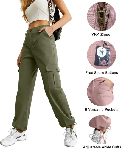 Miniatura 2 de Lepunuo Pantalones cargo de cintura alta para mujer, pantalones de viaje Y2K Streetwear holgados elásticos con 6 bolsillos con cordón en los tobillos