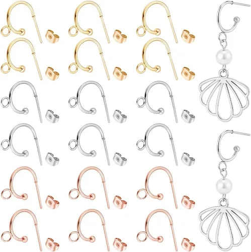Miniatura 6 de Beebeecraft 1 caja de 20 aretes de aro de 2 tamaños de acero inoxidable con lazo y tuercas para la oreja para hacer joyas de bricolaje Plata