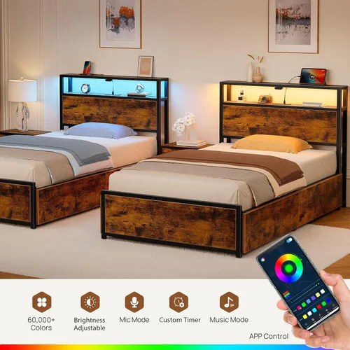 Miniatura 6 de Rolanstar Marco de cama twin con 4 cajones de almacenamiento, estación de carga y luces LED, cama de plataforma de metal con cabecera de Marrón