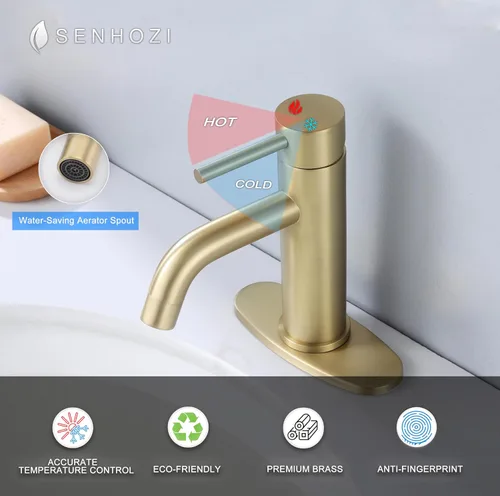 Miniatura 5 de Grifo de baño de un solo agujero dorado cepillado, grifo Senhozi para fregadero de baño, 1 orificio con placa de cubierta de 6 pulgadas, grifo