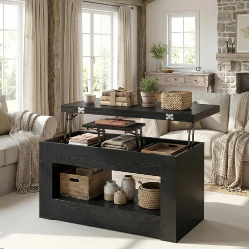 Miniatura 3 de UNIQUITE Mesa de centro elevable de 40 pulgadas, mesas auxiliares de elevación multifunción 4 en 1 con almacenamiento y compartimento oculto, mesas