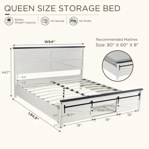 Miniatura 2 de JXQTLINGMU Marco de Cama de Madera Estilo Granja Tamaño Queen con Armarios de Almacenamiento con Puertas Corredizas de Granero y Cabecero, Soporte
