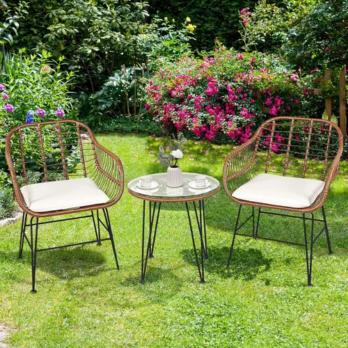 Miniatura 25 de Tangkula - Juego de 3 piezas para conversación en el patio, juego de muebles de mimbre al aire libre con mesa redonda de vidrio templado y 2