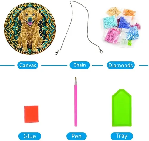 Miniatura 7 de LUSandy Kit de pintura de diamante 5D Golden Retriever DIY para colgar en la pared, letrero de arte para perro, diamante, atrapasoles, adorno