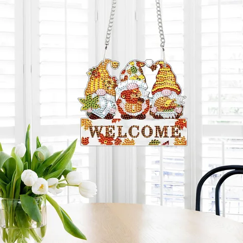 Miniatura 6 de AiYuanzsh Cartel colgante de pintura de diamante de gnomo de otoño, kit de arte de diamantes de imitación de cristal acrílico 5D DIY, decoración