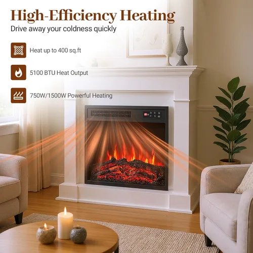 Miniatura 6 de Tangkula Calentador eléctrico de chimenea de 18 pulgadas, inserto de chimenea empotrado con llama regulable de 7 colores, calefacción de 750 W/1500