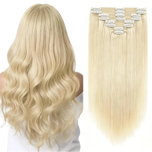 Miniatura 16 de 8Pcs Clip in Hair Extensions Real Human Hair, 140G 18 Inch Ash Blonde Mix Bleach Blonde 18P613