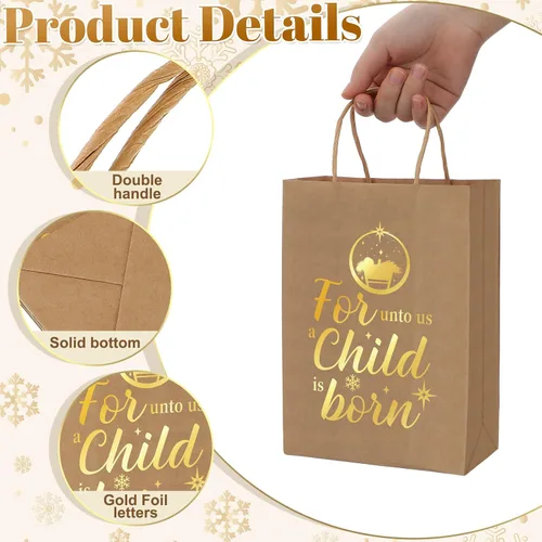 Miniatura 3 de Yeaqee 36 bolsas de papel kraft de Navidad, bolsas de regalo metálicas doradas religiosas con asas para envolver, 6 1/2 x 3 1/4 x 9 pulgadas