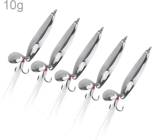 Miniatura 8 de Kit de pesca de señuelos de cucharas de 5 piezas, cebos giratorios de metal con ganchos agudos para lubina salmón