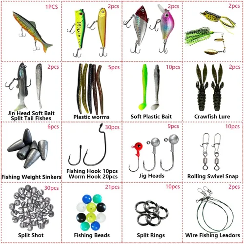Miniatura 2 de Kit de señuelos de pesca, incluyendo cebos, anzuelos, palas, lombrices, plomos, ganchos, caja de aparejos y más equipo de pesca para truchas