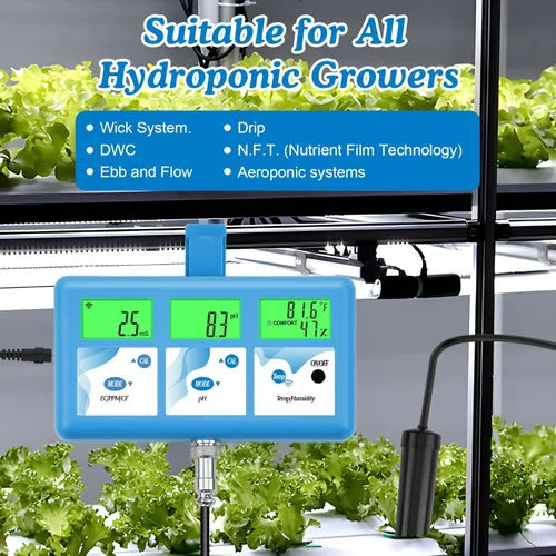 Miniatura 7 de Monitor de pH hidropónico ppm, WiFi 6 en 1 medidor de pH EC para sistema de cultivo hidropónico, monitoreo continuo pH PPM EC CF humedad temperatura