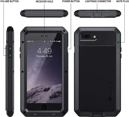 Miniatura 6 de Lanhiem Funda para iPhone 7 Plus/8 Plus, resistente a los golpes, [Tough Armour], funda de metal con protector de pantalla integrado, funda Negro