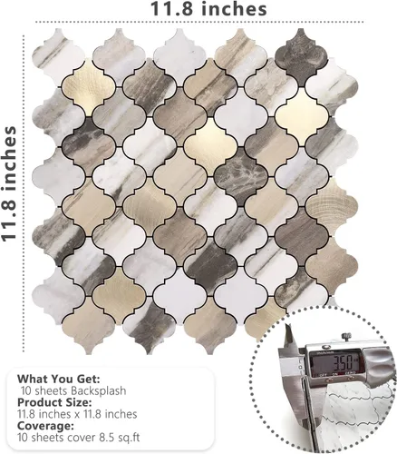 Miniatura 7 de STICKGOO Azulejo árabesco para salpicaduras de pelar y pegar, para salpicaduras de cocina y baño, grano de madera dorada con aspecto de mármol, PVC