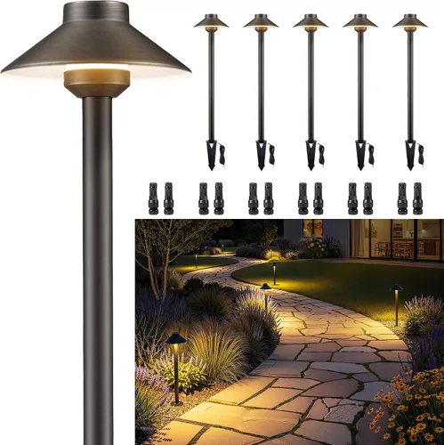Miniatura 20 de Gardenreet Luces de camino de latón para exteriores, iluminación de camino de paisaje de bajo voltaje con cable, luz LED de pasarela de 12 V