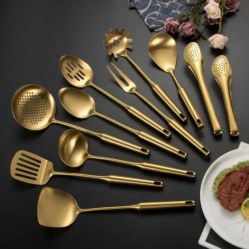 Miniatura 7 de Juego de utensilios de cocina de acero inoxidable 304 mate, 11 piezas de utensilios de cocina de metal largo con espátula, cuchara, cucharón, Dorado