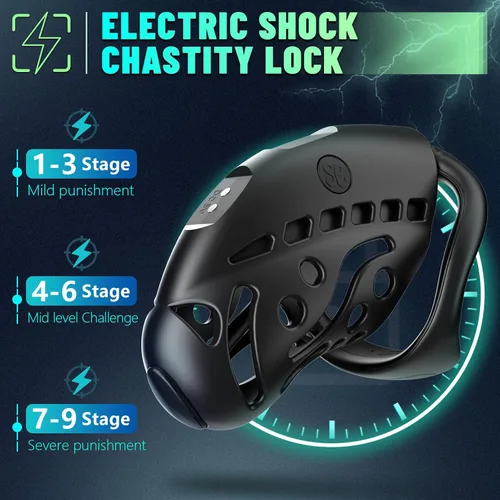 Miniatura 2 de Dispositivo de castidad masculino de choque eléctrico con control remoto, 9 intensidades e-stim, jaula de castidad con 3 anillos activos, juguete