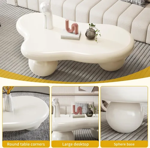 Miniatura 6 de Mesa de centro en forma de nube de 40 pulgadas, modernas mesas de centro ovaladas irregulares con 3 bases, mesa central color crema para dormitorio