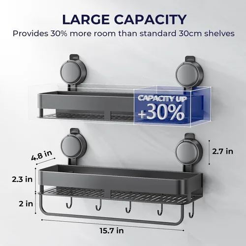 Miniatura 2 de Organizador de ducha esquinero, con ventosa y ganchos, organizador de baño de aluminio inoxidable sin perforaciones, estantes para decoración