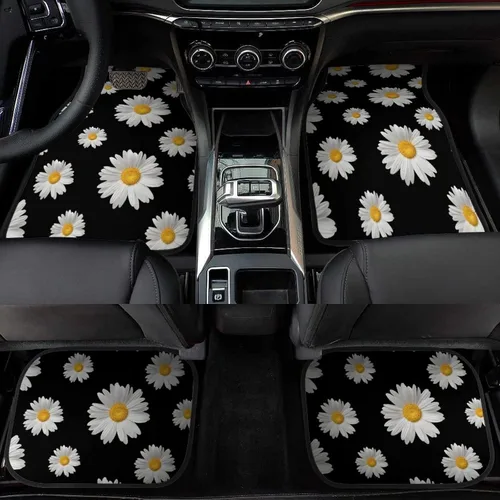 Miniatura 4 de Juego de 4 alfombrillas para piso de automóvil, diseño de flores con estampado de margaritas negras, alfombrillas delanteras y traseras