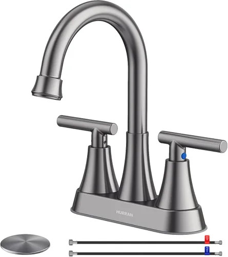 Miniatura 14 de Grifos de Baño para Lavabo de 3 Orificios, Hurran Grifo de Lavabo de Baño Negro Mate de 4 Pulgadas con Desagüe Pop-up y 2 Mangueras de Suministro, 2