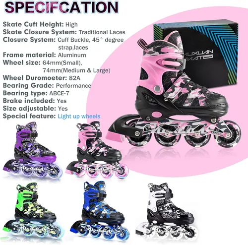 Miniatura 6 de Kuxuan Patines en línea ajustables para niños con ruedas iluminadas, divertidos patines iluminadores para niños, niñas y jóvenes Rosa