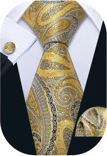 Miniatura 124 de Barry.Wang - Juego de corbata de seda para hombre, diseño de cachemira, pañuelo y gemelos de bolsillo