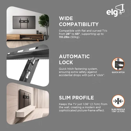 Miniatura 3 de ELG FIX400 Soporte fijo de pared para TV – Soporte delgado de perfil bajo de 26 a 65 pulgadas, soporta 110 libras, VESA 400 × 400, bloqueo