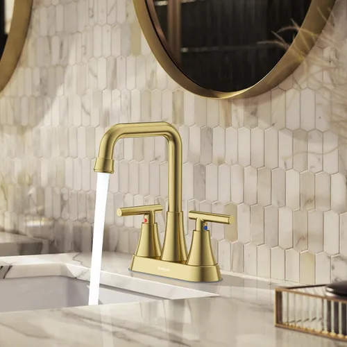 Miniatura 8 de Grifo para Lavabo de Baño, Hurran 4 Pulgadas Dorado Cepillado Grifos de Baño para Lavabo 3 Agujeros con Desagüe Pop-up y Mangueras de Suministro