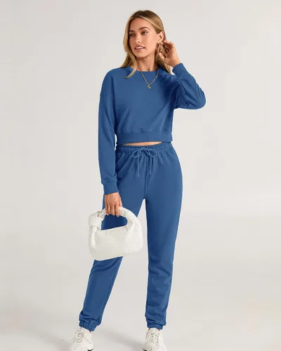 Miniatura 17 de BTFBM Conjunto deportivo de 2 piezas para mujer, camiseta corta de manga larga, sin botones, pantalón con cordón ajustable, pantalones deportivos