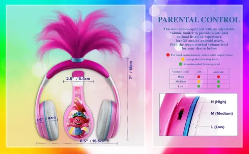 Miniatura 5 de Trolls World Tour Poppy - Auriculares para niños, brillan en la oscuridad, sonido estéreo, conector de 0.138 in, auriculares con cable para niños