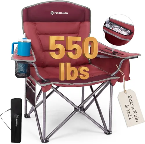Miniatura 11 de FUNDANGO Silla de campamento de gran tamaño para adultos, silla de césped plegable portátil de servicio pesado con asiento y respaldo acolchados