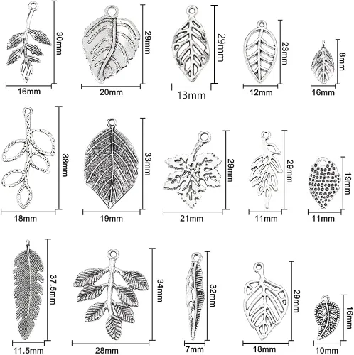 Miniatura 4 de PH PandaHall 150 dijes de hoja de árbol, 15 estilos de filigrana de hoja de metal, dijes de plantas de aleación tibetana de plata antigua, colgantes