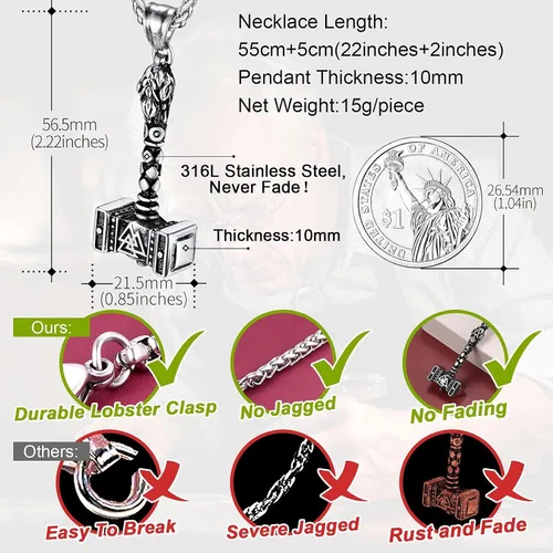 Miniatura 6 de FaithHeart Viking Thor's Hammer Talismán Collar para hombre, colgante de amuleto nórdico vintage de Mjolnir con cadena de trigo resistente, joyería