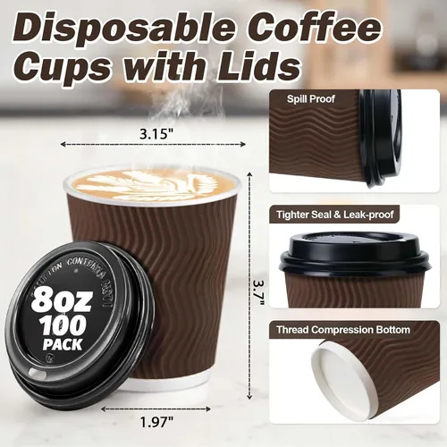 Miniatura 2 de Paquete de 100 tazas de café desechables de 8 onzas con tapas, tazas de café calientes aisladas para bebidas calientes y frías
