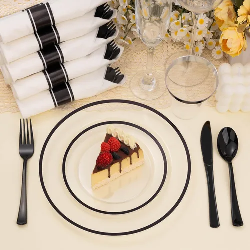 Miniatura 2 de BESTSTAR Juego de 175 platos desechables transparentes y negros para 25 invitados, 50 platos de plástico, 25 vasos, 25 servilletas preenrolladas
