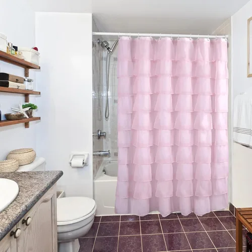Miniatura 5 de Cortina de ducha Reisen de tela rosa con volantes, estilo granja para baño, cortina de ducha transparente, 72 x 72 pulgadas