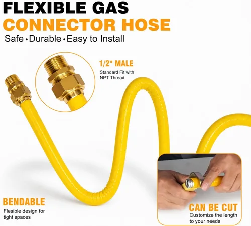 Miniatura 2 de 17ft 1/2'' CSST Gas Line Flexible Gas Line 1/2 Pipe with 2 Male Fittings Corrugated Stainless Steel Tubing for Natural Gas Propane