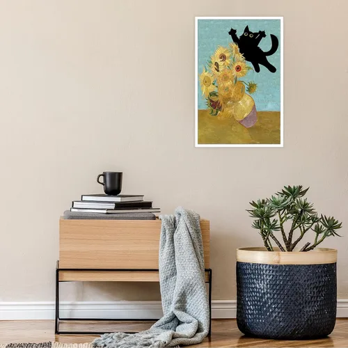 Miniatura 3 de Póster de Arte Gracioso de Gato Negro Vintage Van Gogh Girasol Gato Impreso en Lienzo Arte de Pared de Gato Lindo Estética de Animales