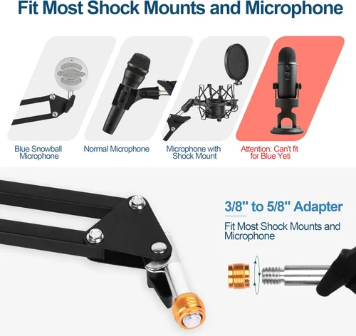 Miniatura 2 de Micrófono ajustable brazo de tijera con clip de micrófono y bridas para cables, resistente para Blue Yeti Nano Snowball Ice, HyperX QuadCast