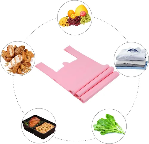 Miniatura 7 de LazyMe Bolsas para camisetas, bolsas de plástico rosas con asas para comestibles y venta al por menor, Bolsas de plástico para negocio, 12x20